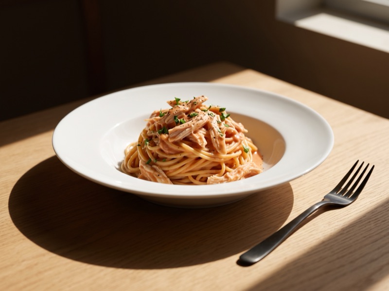 Spaghetti cremoso de frango desfiado preparado com Hito Kon